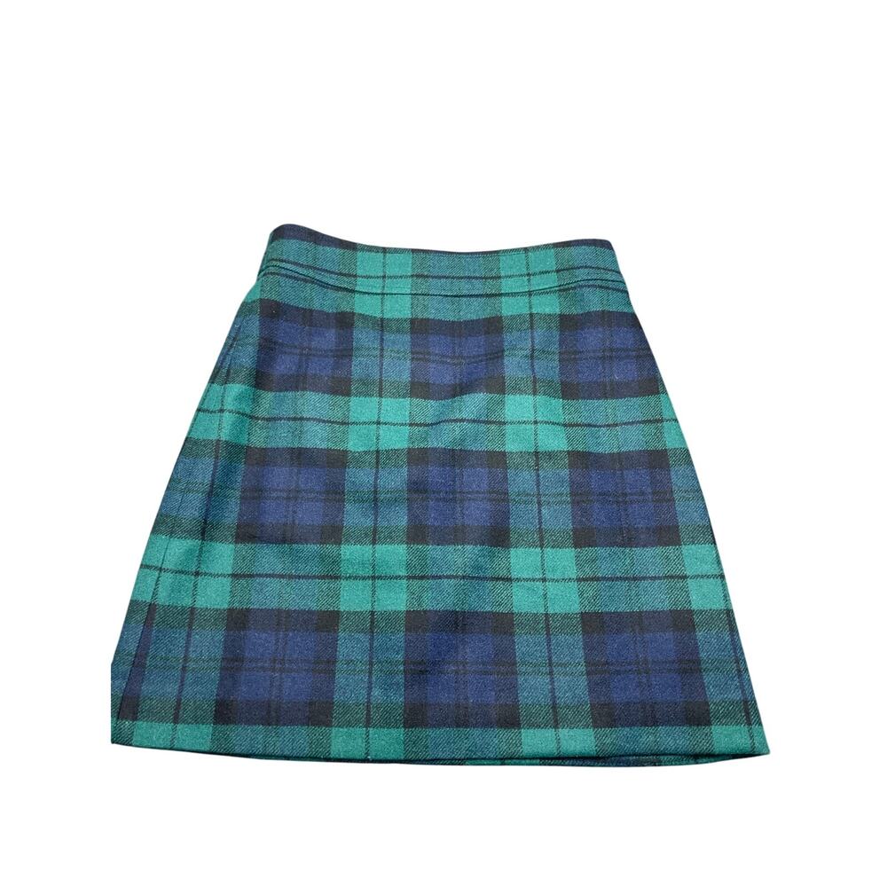 J Crew Plaid Green Blue Houndstooth Wool Mini Skirt- Size 0